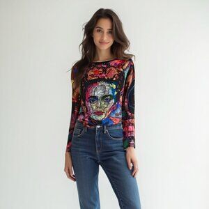 💕NWT AyGuey Freda Colorful Women's Top with Artistic Design L